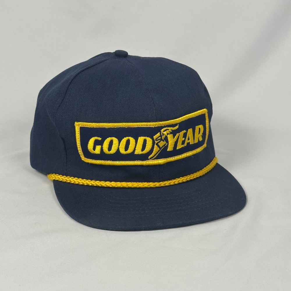 Vintage Goodyear Racing Rope Trucker Hat Swingster USA Made Navy Snapback Cap